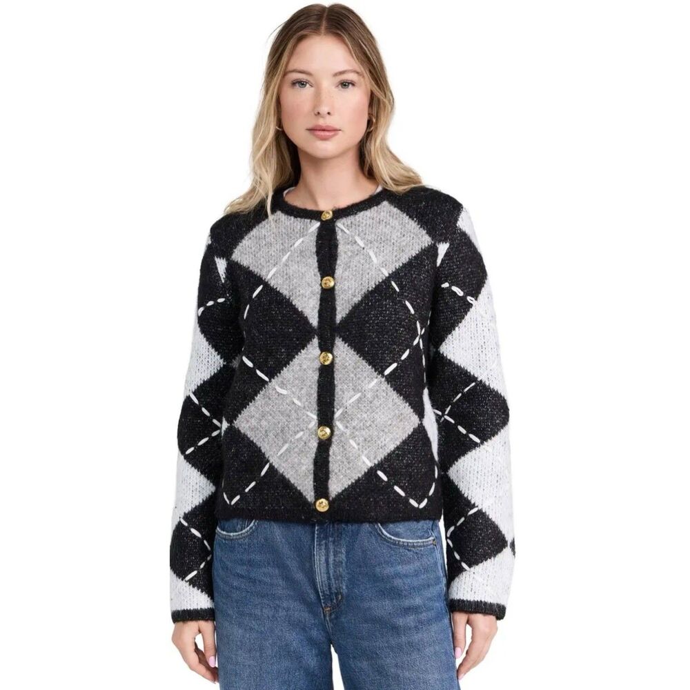 English Factory Argyle Cardigan Women S Heavyweight Cross Stitch Knit Black Gray - Picture 4 of 13